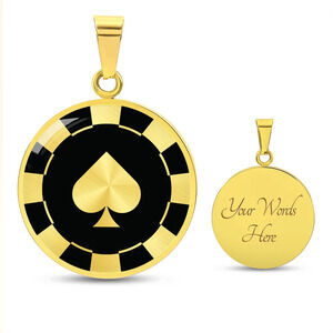 Spade Poker Chip Gambler Personalized Engraved Gold Circle Necklace Custom Name